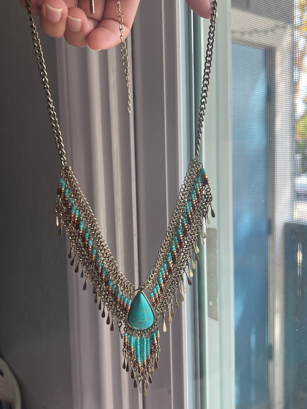 Shyanne Turquoise Teardrop Fringe Statement Necklace - Women Jewelry